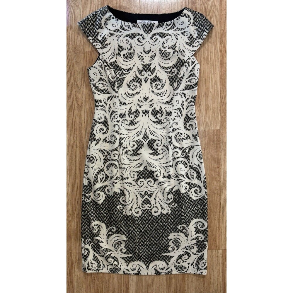 Maggy London Sheath Dress Women’s Size 2 Cream Black Brown Career Chic Classic
